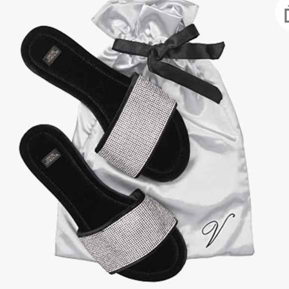 Victoria's Secret crystal bling black velvet slippers with dust bag, medium 7-8 - Picture 1 of 9